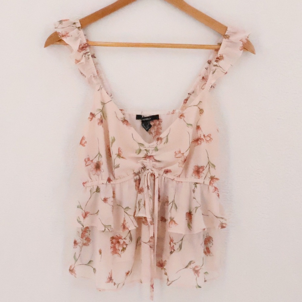 Floral Ruffle Milkmaid Babydoll Top Womens Size S Pink Coquette Fiary Chiffon